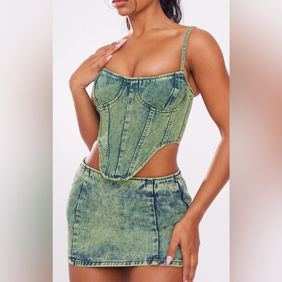 PrettyLittleThing Green Tint Vintage Wash Curved Hem Denim Corset Top Size 2 - Picture 2 of 7